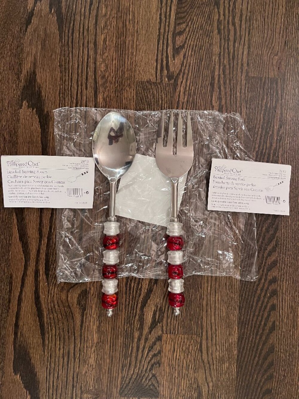 Pampered Chef Beaded Serving Set Stainless Steel Spoon & Fork NWT